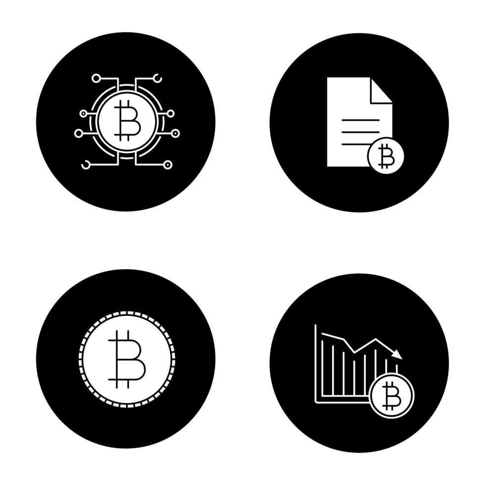 Bitcoin glyph icons set. Bitcoin document, falling, payment. Vector white silhouettes illustrations in black circles