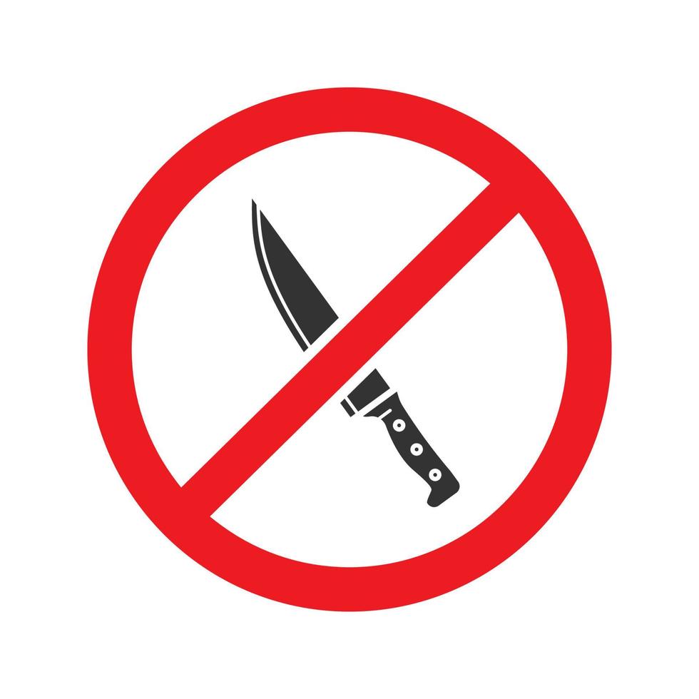 Forbidden sign with knife glyph icon. Stop silhouette symbol. No weapon prohibition. Negative space. Vector isolated illustration