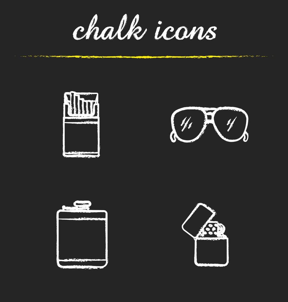 Men's accessories chalk icons set. Alcohol hip flask, open cigarette pack, sunglasses and flip lighter. Isolated vector chalkboard illustrations