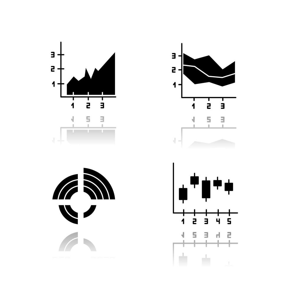 Chart and graph drop shadow black glyph icons set. Radial diagram with increasing values. Area charts with segments. Vertical scatter histogram. Business research. Isolated vector illustrations