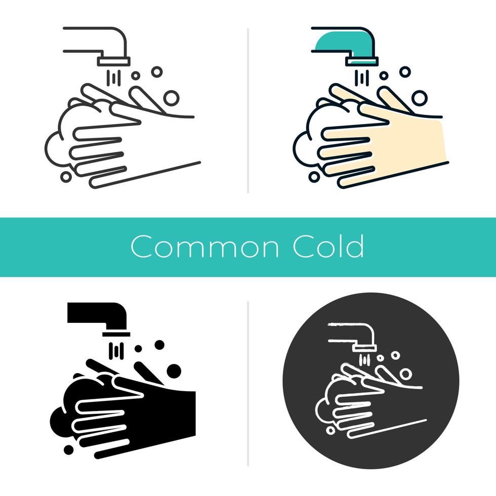 Rinse hands icon. Hygiene and healthcare. Common cold precaution. Germ cleansing. Washing hand. Disinfect from flu bacteria. Flat design, linear and color styles. Isolated vector illustrations