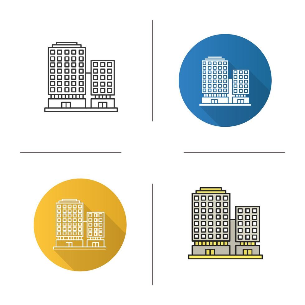 Office building icon. Flat design, linear and color styles. Business district. Isolated vector illustrations