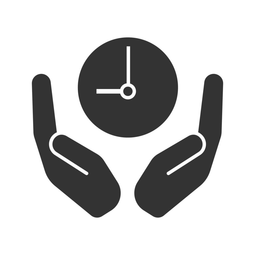 Open palms with clock glyph icon. Silhouette symbol. Saving time. Negative space. Vector isolated illustration