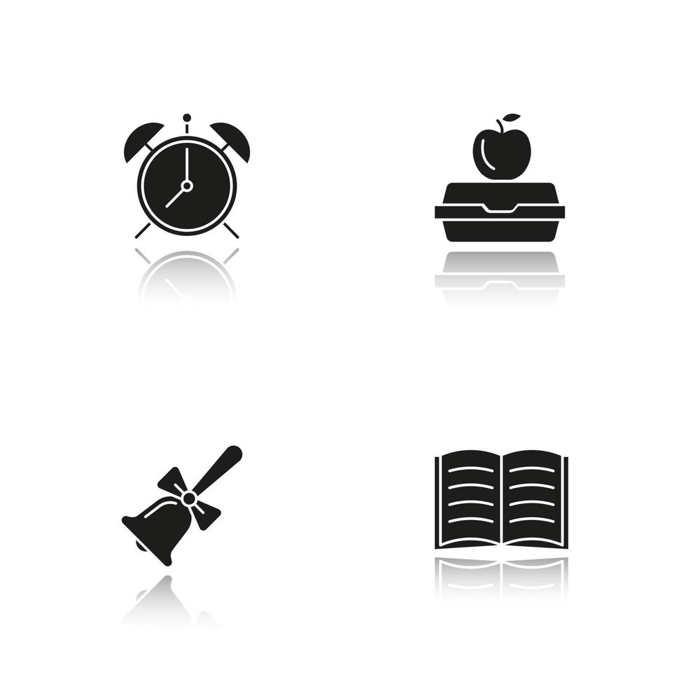 conjunto de iconos de glifo negro de sombra de la escuela. despertador, timbre de la escuela, lonchera, libro abierto. ilustraciones vectoriales aisladas vector