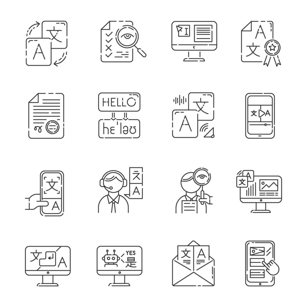 Language translation service linear icons set. Multilingual chatbot. Audio translation. Transcription, proofreading. Thin line contour symbols. Isolated vector outline illustrations. Editable stroke