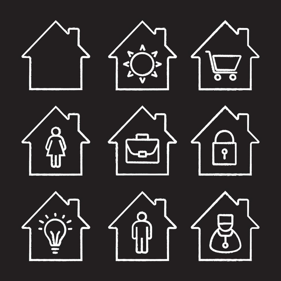 Houses chalk icons set. Home buildings with sun, shopping cart, man and woman, doctor, lock, briefcase, lightbulb inside. Isolated vector chalkboard illustrations