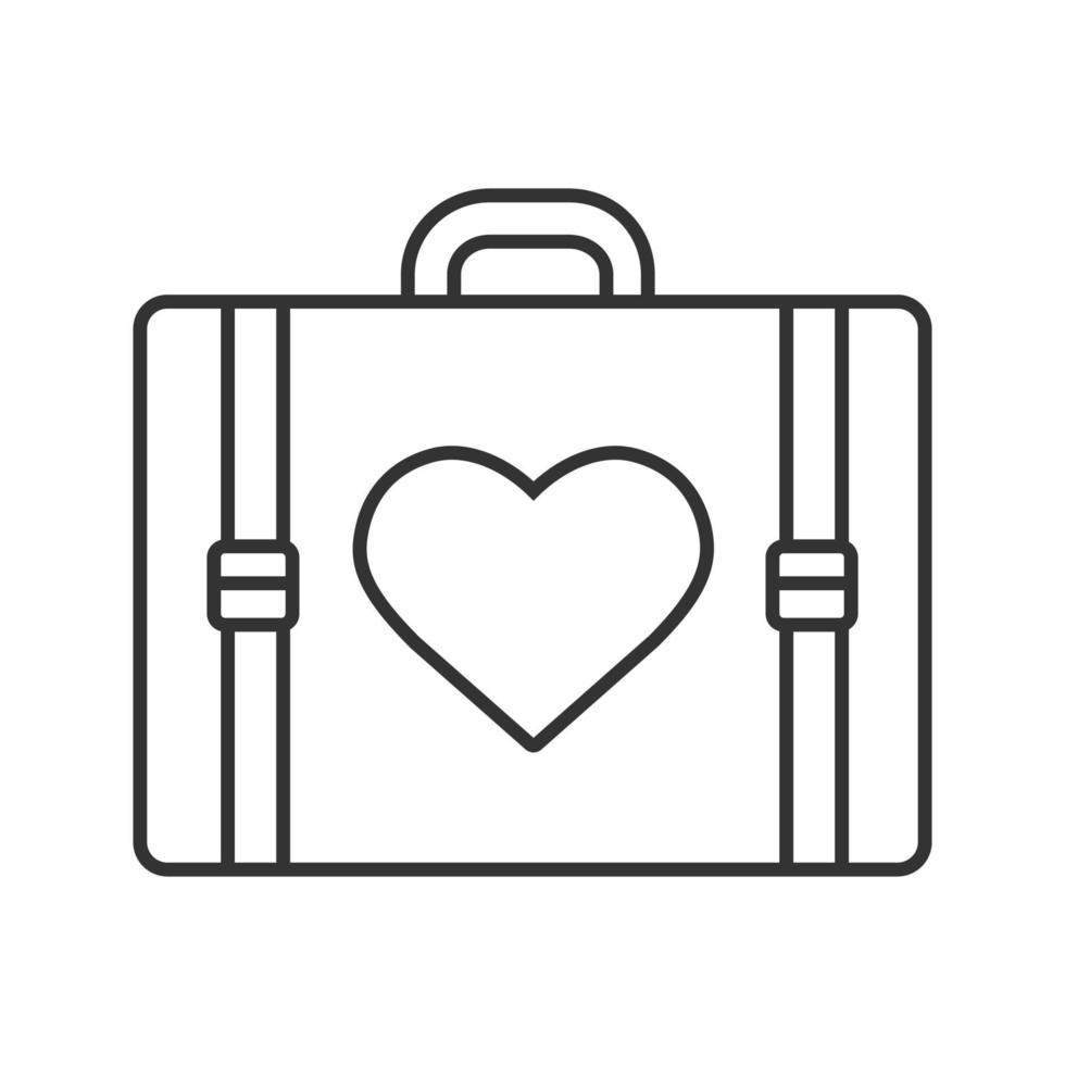 Travel luggage suitcase with heart shape linear icon. Thin line illustration. Baggage. Contour symbol. Vector isolated outline drawing