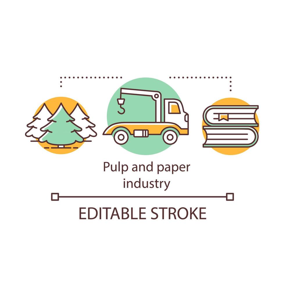 Pulp and paper industry concept icon. Wood processing. Cellulose-based products produce. Forest, timber, books idea thin line illustration. Vector isolated outline drawing. Editable stroke