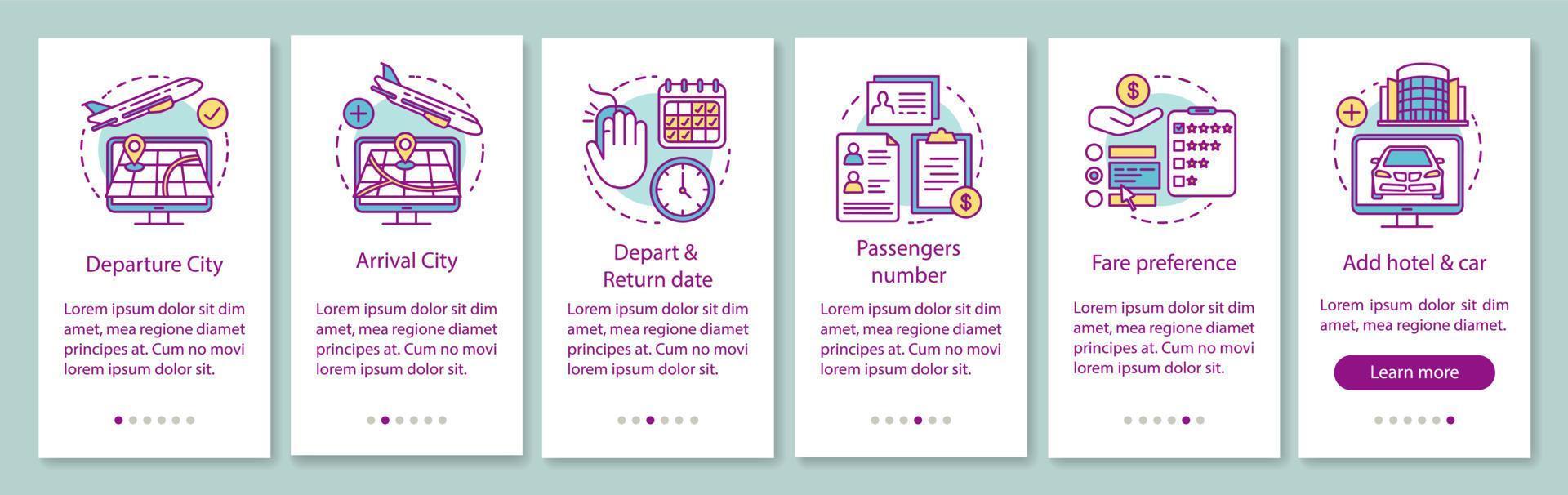 Trip planning onboarding mobile app page screen with linear concepts. Departure and arrival city, hotel walkthrough steps graphic instructions. UX, UI, GUI vector template with illustrations