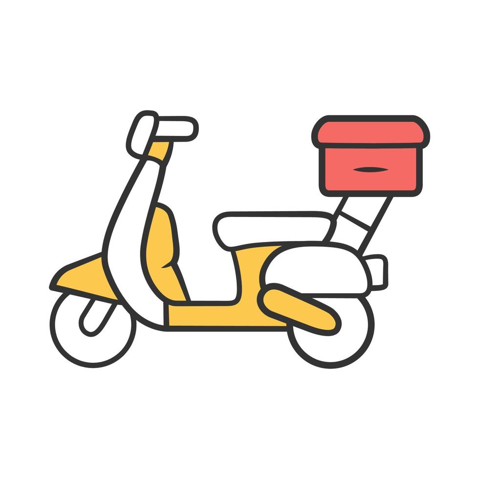 icono de color de entrega de scooter. motocicleta con paquetes. motos que transportan paquetes. mensajero en moto, mensajero. servicio Postal. vehículo de reparto de la ciudad. ilustración vectorial aislada vector