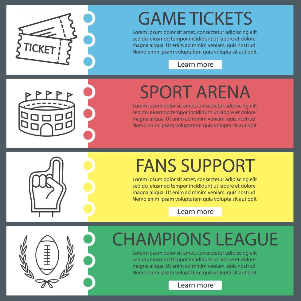 Sport game banner templates set. Tickets, arena, fans foam finger, ball in laurel wreath. Website menu items with linear icons. Color web banner. Vector headers design concepts