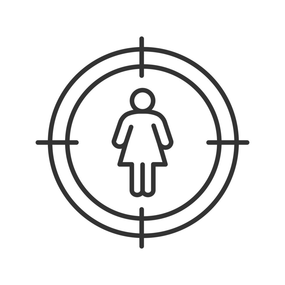 Aim on woman silhouette linear icon. Staff searching thin line illustration. Finding woman, girl contour symbol. Vector isolated outline drawing