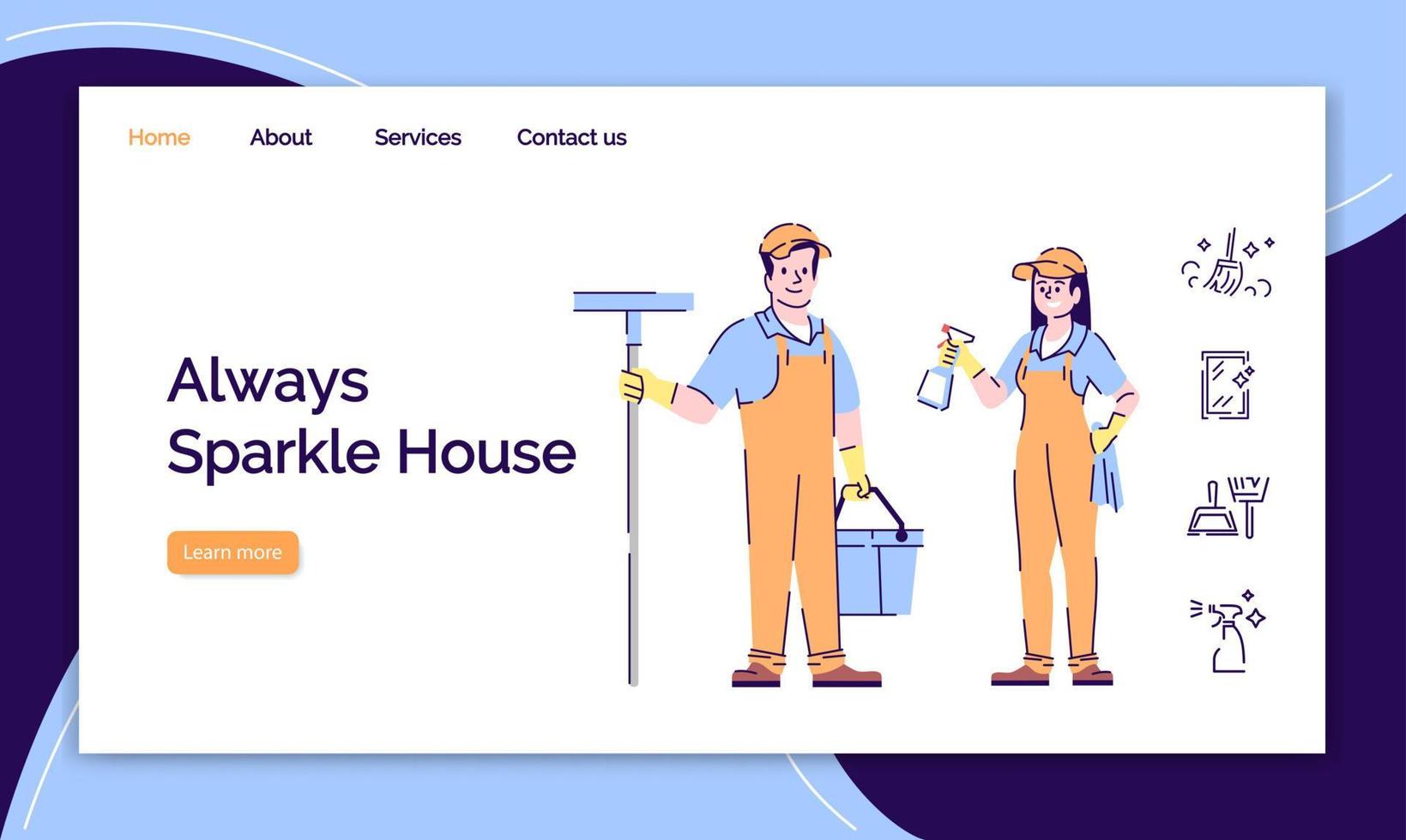 Cleaning service landing page vector template. Easy housekeeping website interface idea with flat illustrations. House cleaner, janitor hiring homepage layout. Web banner, webpage cartoon concept