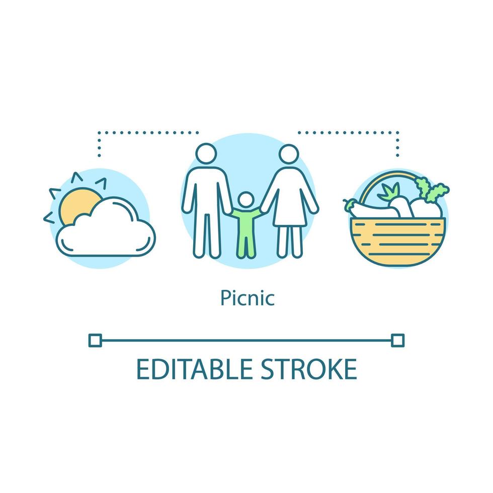 Picnic concept icon. Family activities with kids idea thin line illustration. Meal outdoors. Lunch in nature. Outdoor recreation. Vector isolated outline drawing. Editable stroke