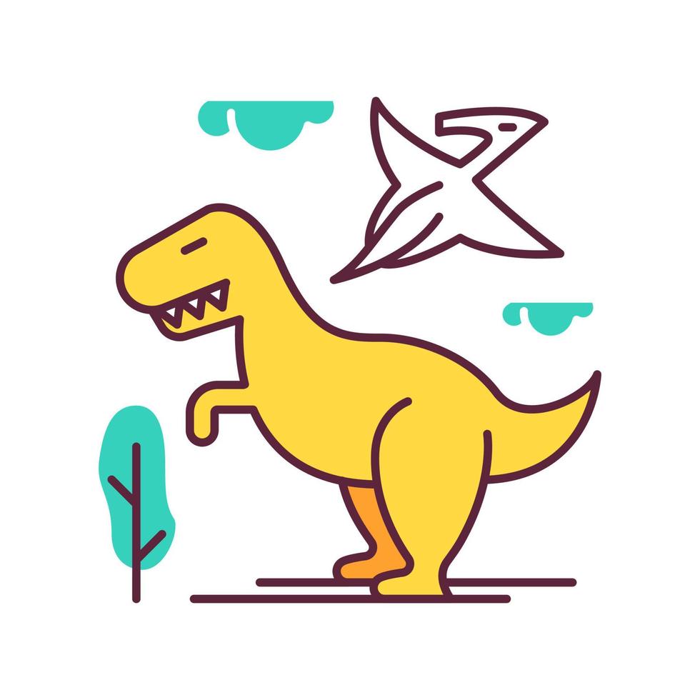 Dinosaurs color icon. Prehistoric animals. Tyrannosaurus rex. Flying pterodactyl. Jurassic park. Dangerous beasts. Ancient wildlife. Archeology and history. Isolated vector illustration