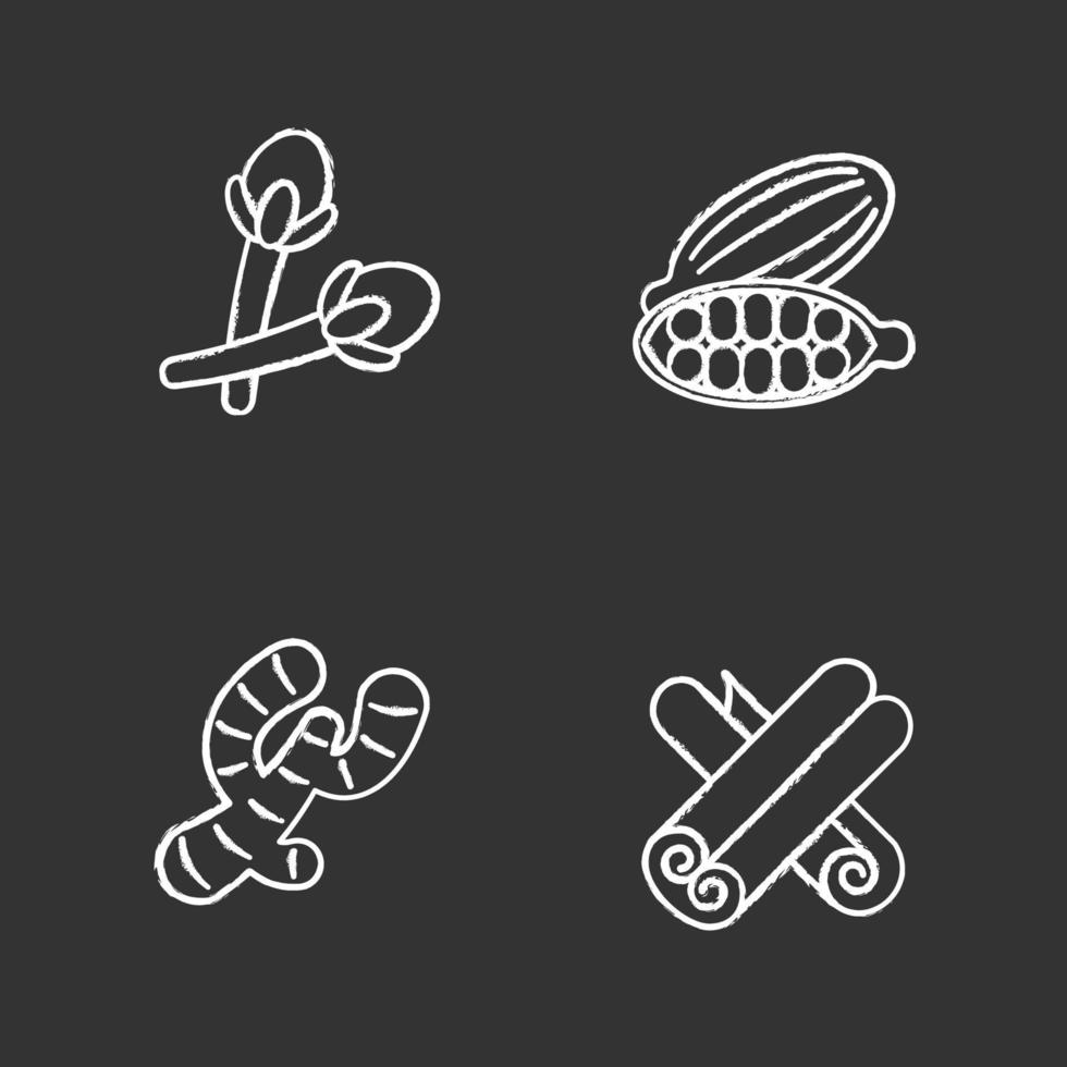 Spices chalk icons set. Clove, cardamom, ginger, cinnamon. Isolated vector chalkboard illustrations