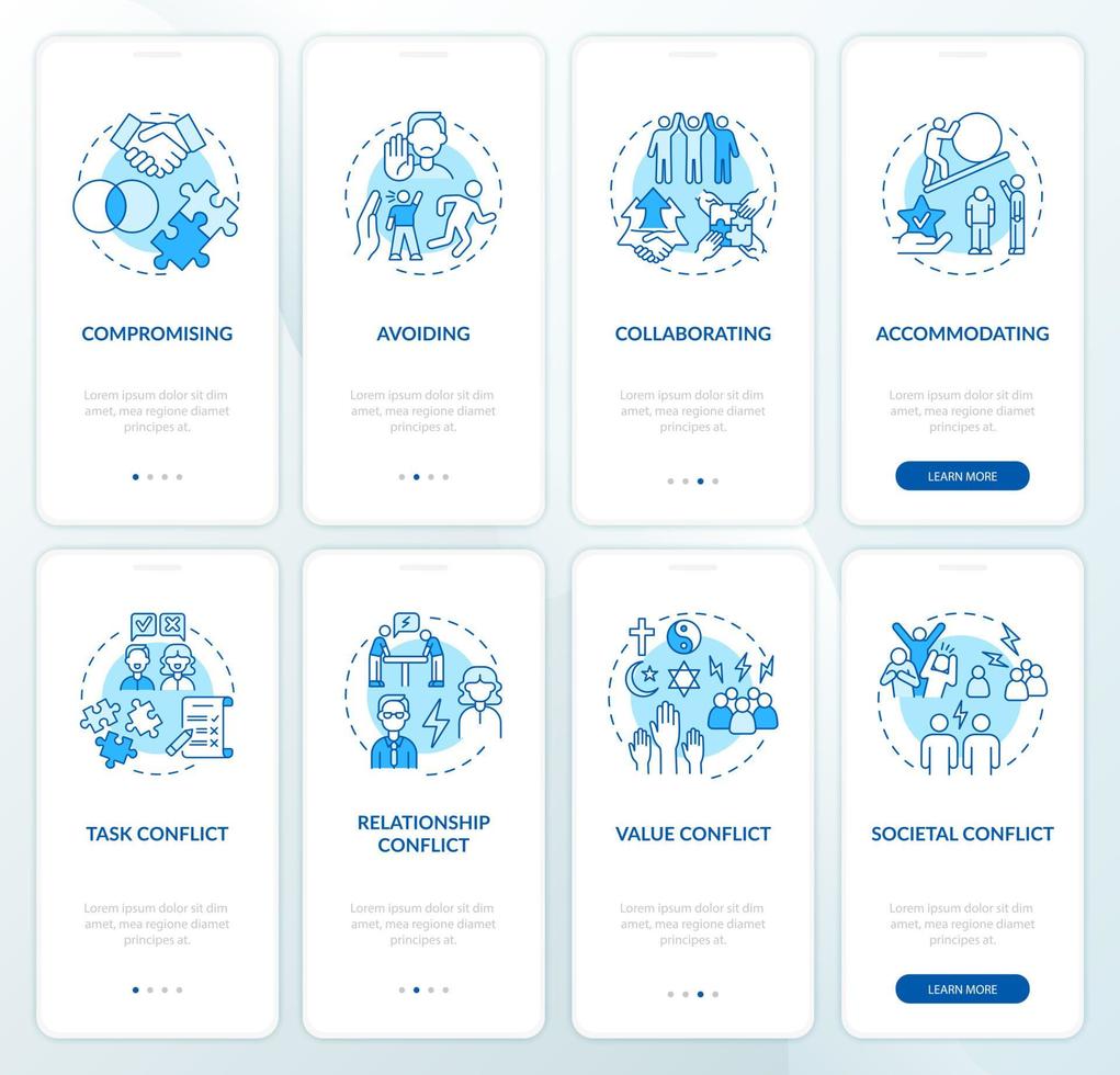 Conflict management blue onboarding mobile app page screen set vector