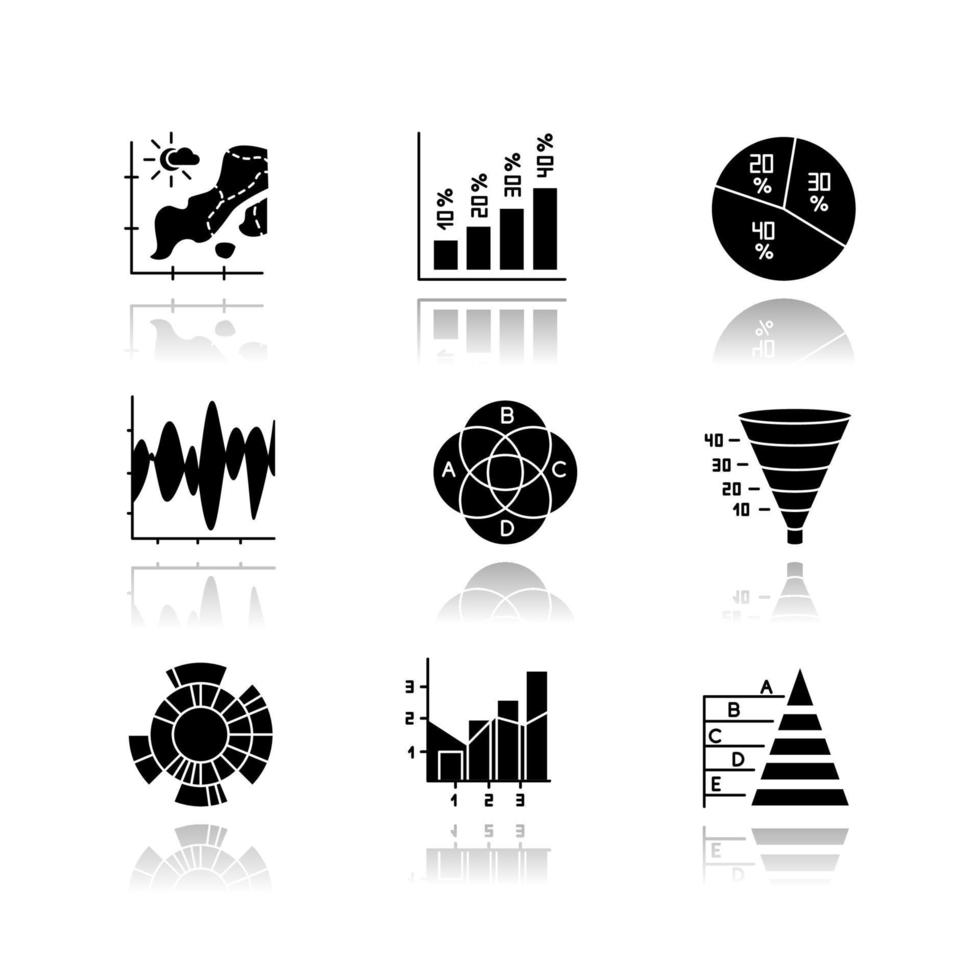 Chart and graph drop shadow black glyph icons set. Temperature map. Vertical histogram. Pie diagram. Funnel chart. Venn diagram. Sunburst graph. Mixed chart. Pyramid. Isolated vector illustrations