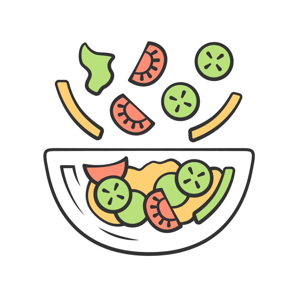 Salad bowl color icon. Fresh organic food. Vegan eating, vegetables. Healthy nutrition. Vitamin and diet. Tomato, bell pepper, cucumber. Kitchen dishware. Isolated vector illustration