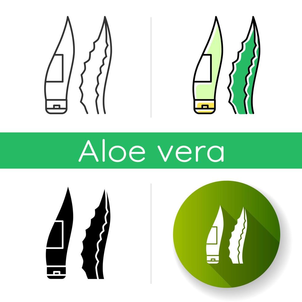 Gel package icon. Leaf shaped tube for natural cream. Cosmetic with medicinal herbs. Aloe vera sprout. Dermatology and skincare. Linear black and RGB color styles. Isolated vector illustrations