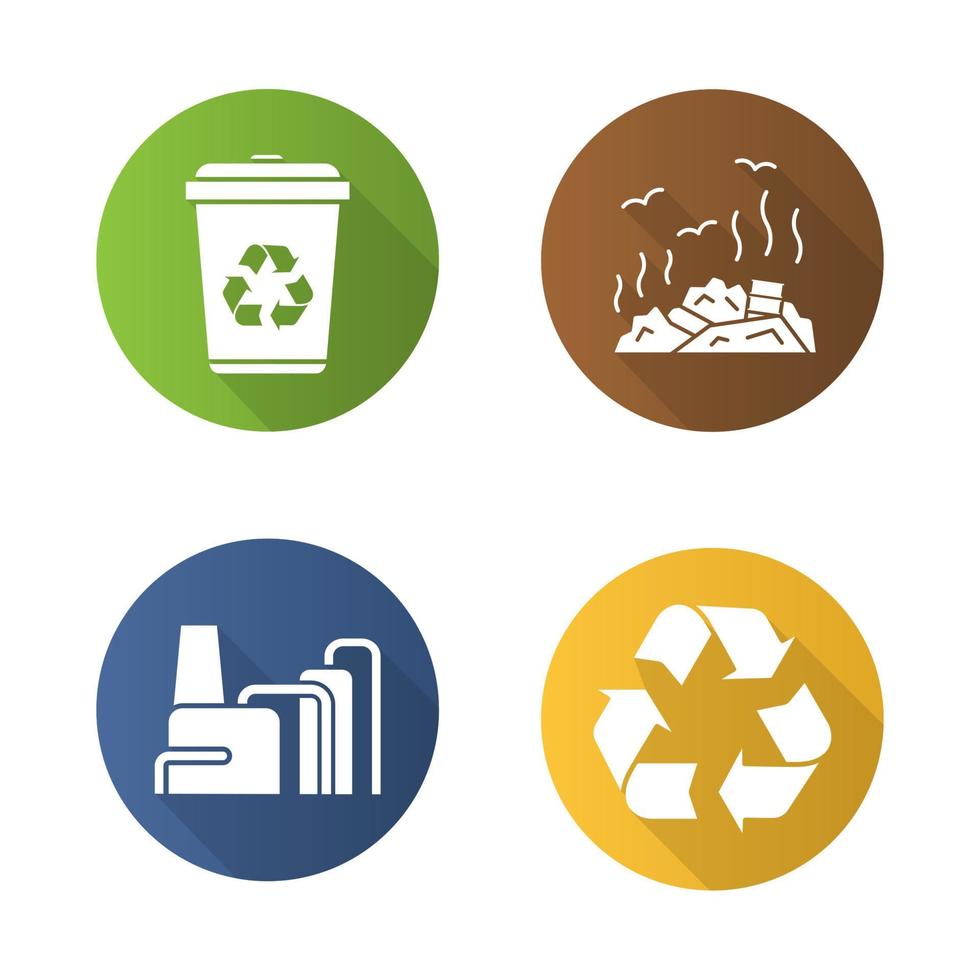 Waste management. Flat design long shadow icons set. Recycle bin symbol, rubbish dump, factory pollution. Environment protection. Vector silhouette illustration