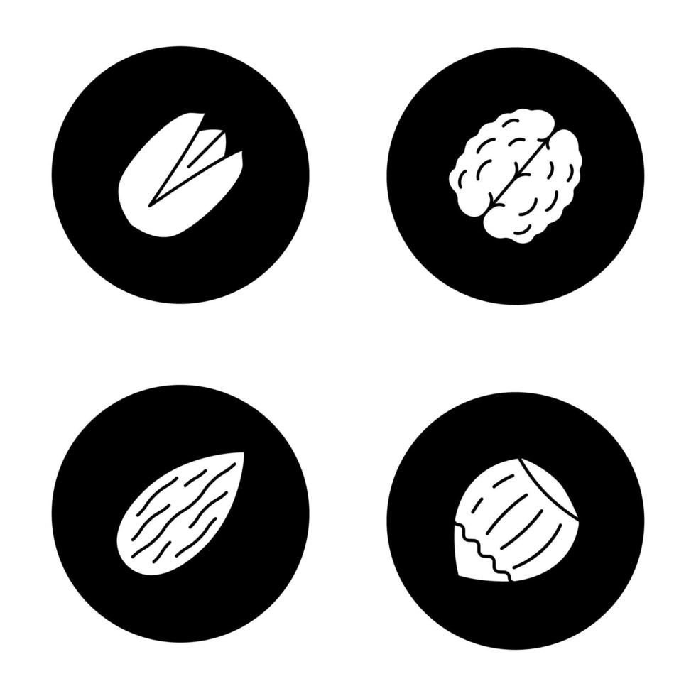 Nuts types glyph icons set. Pistachio, walnut, almond, hazelnut. Vector white silhouettes illustrations in black circles