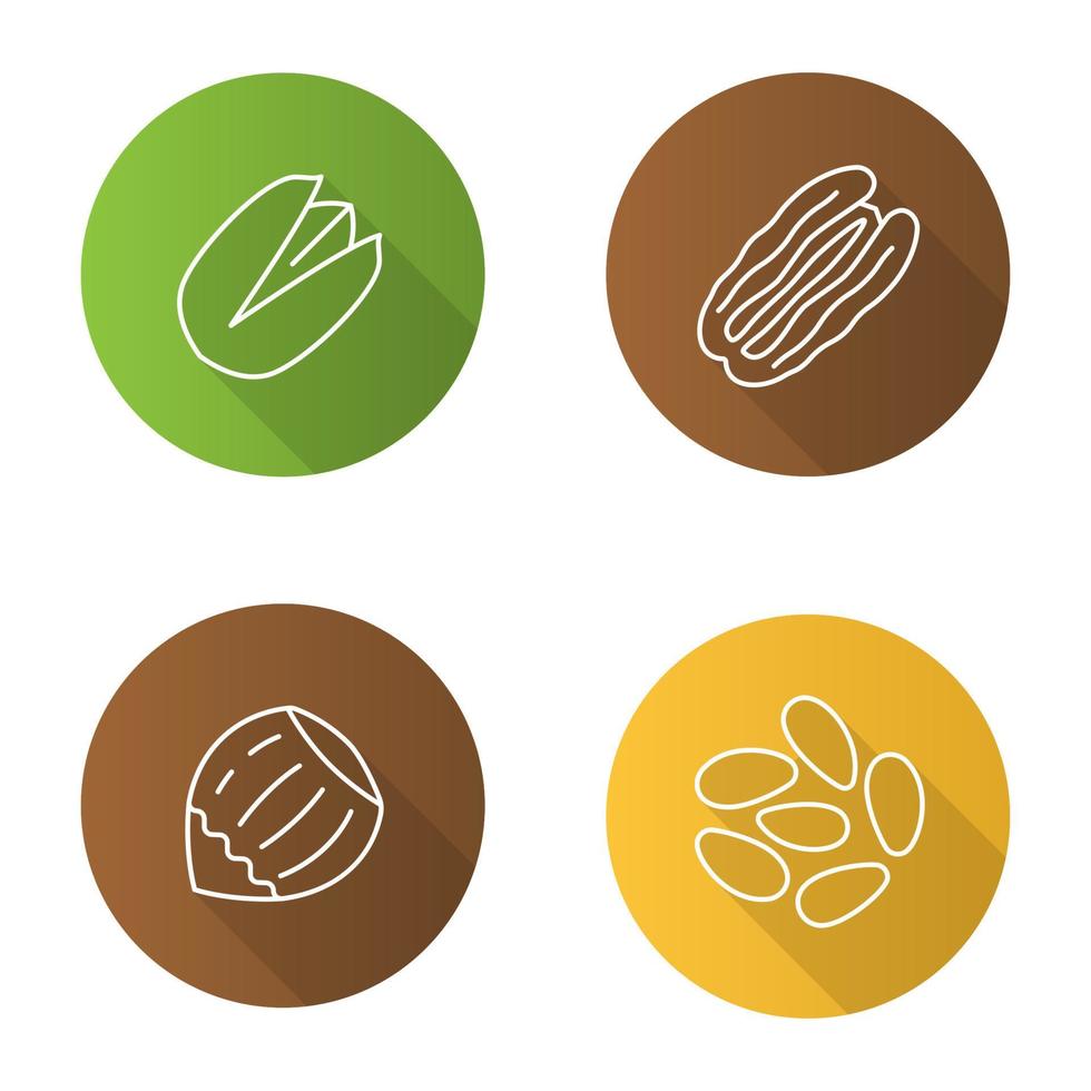 Nuts flat linear long shadow icons set. Hazelnut, pistachio, pinenut, pecan nut. Vector outline illustration