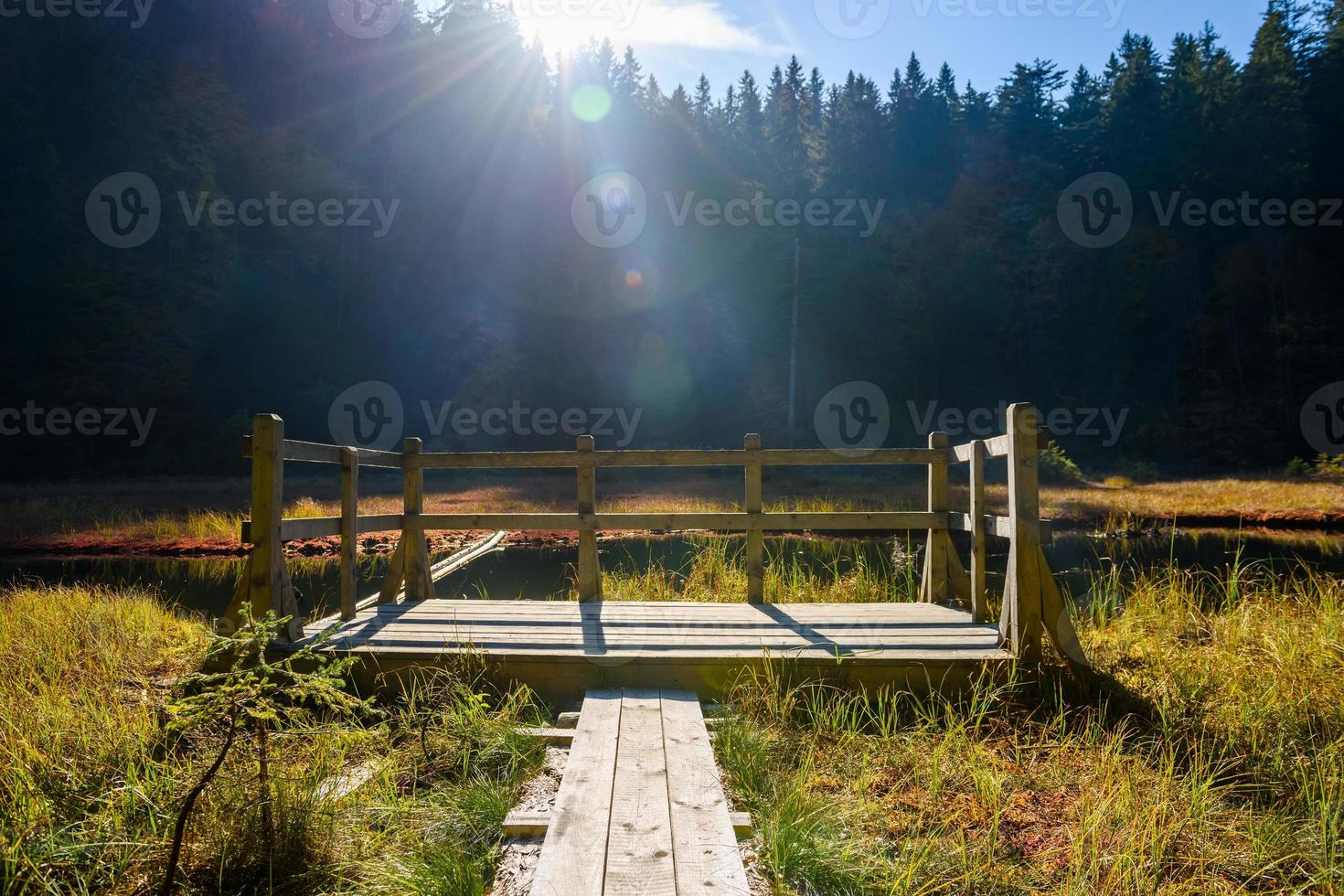 Wooden pier on a lake in the autumn mountains photo