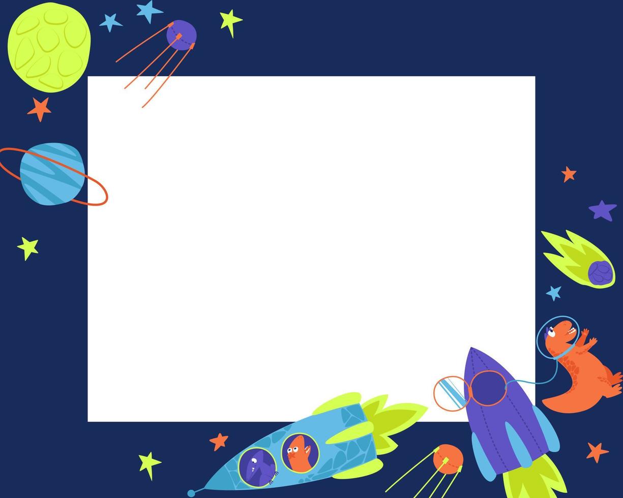 Horizontal lining of neon bright dinosaurs traveling into space on a rocket vector