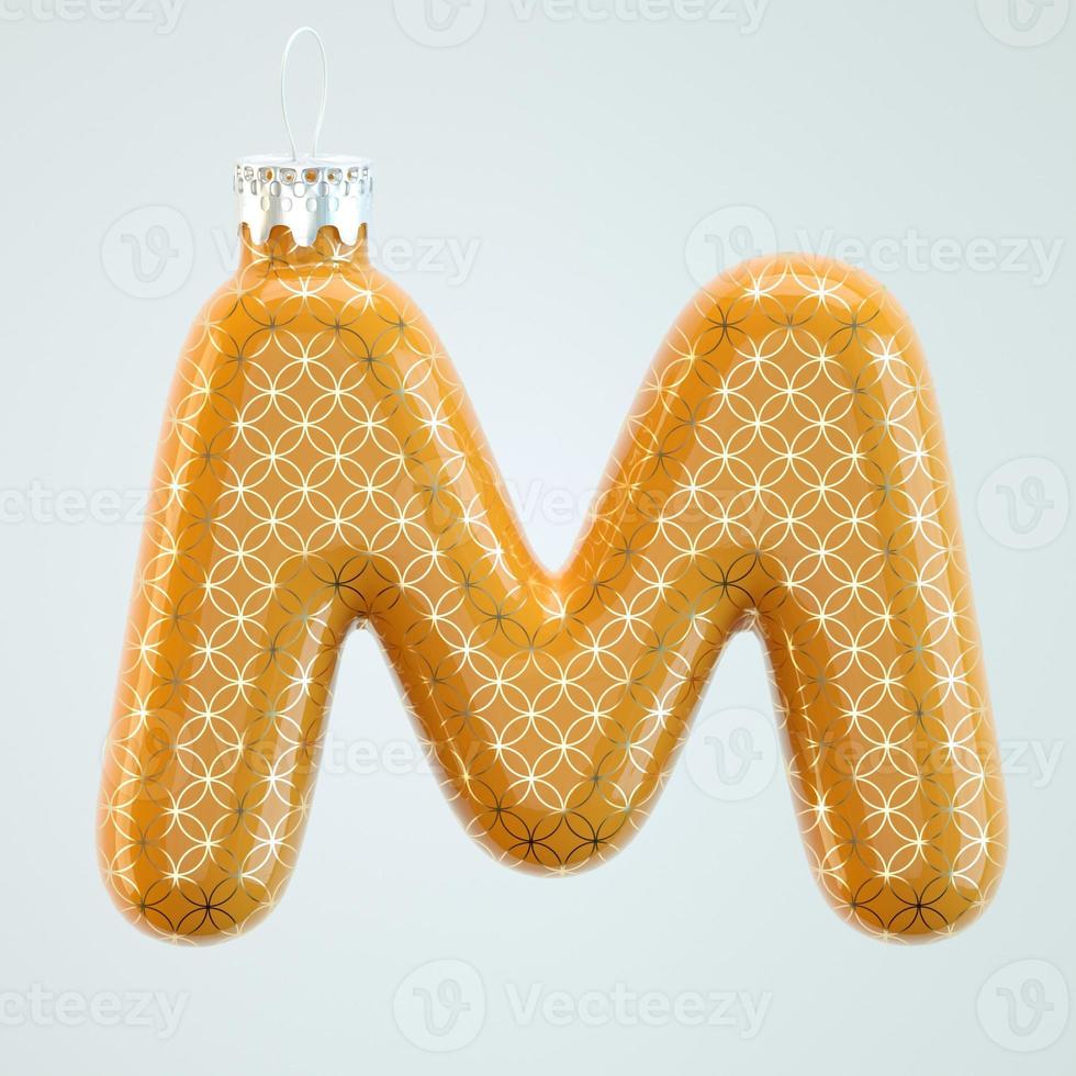 Letra m naranja juguete navideño con patrón dorado aislado fondo blanco 3d render foto