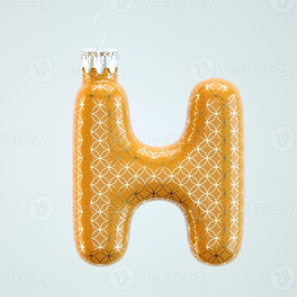 Orange letter H Christmas toy with golden pattern isolated white background 3d render photo