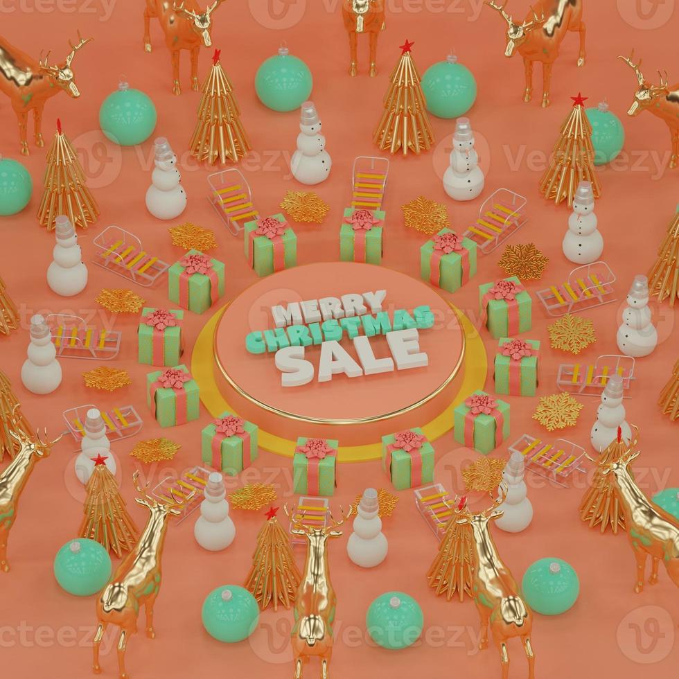 Merry Christmas sale composition in pastel colors with deer balls sleight gift box 3d render photo