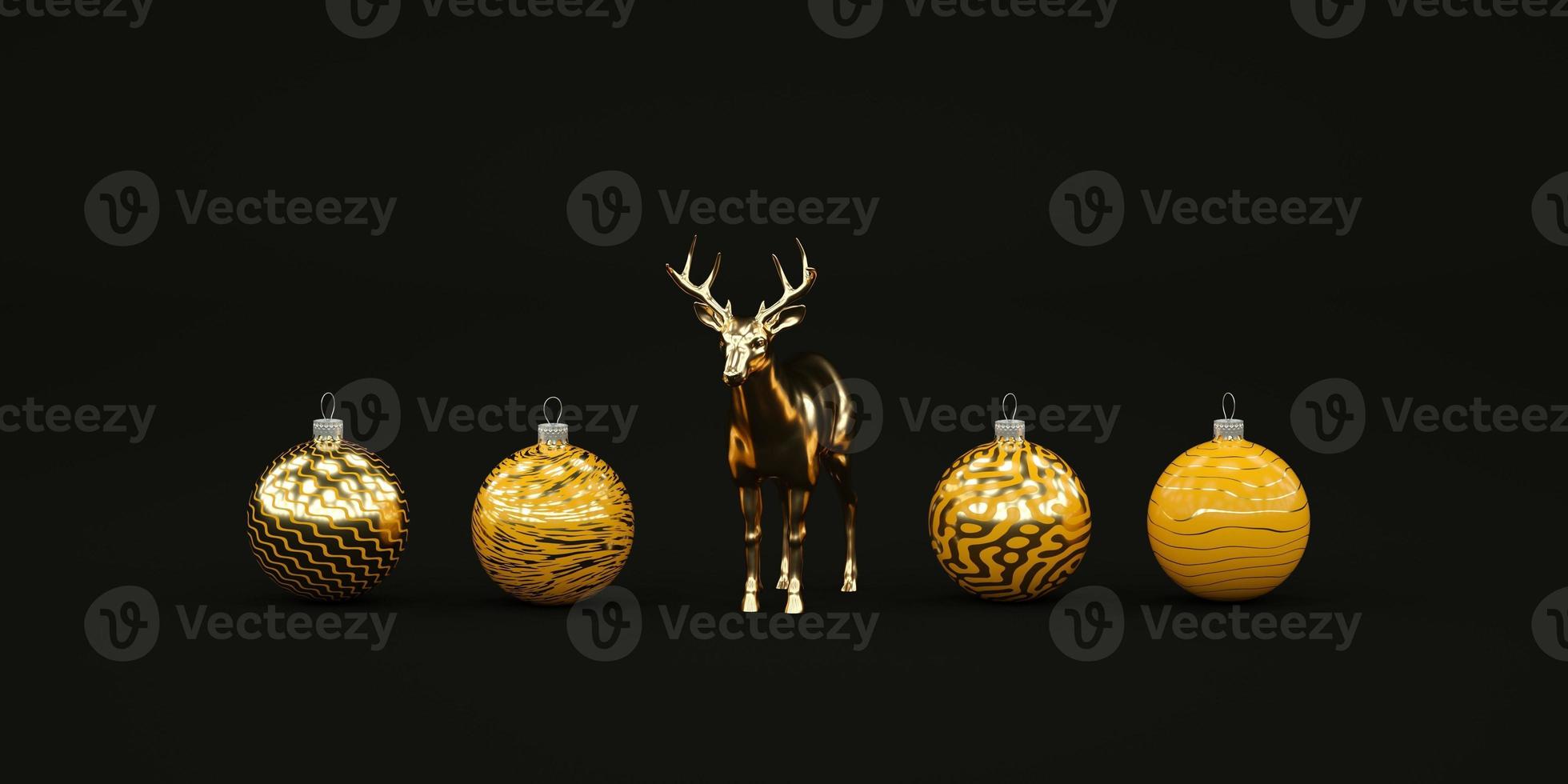 Composición navideña oscura mínima con juguetes navideños amarillos y ciervo dorado render 3d foto