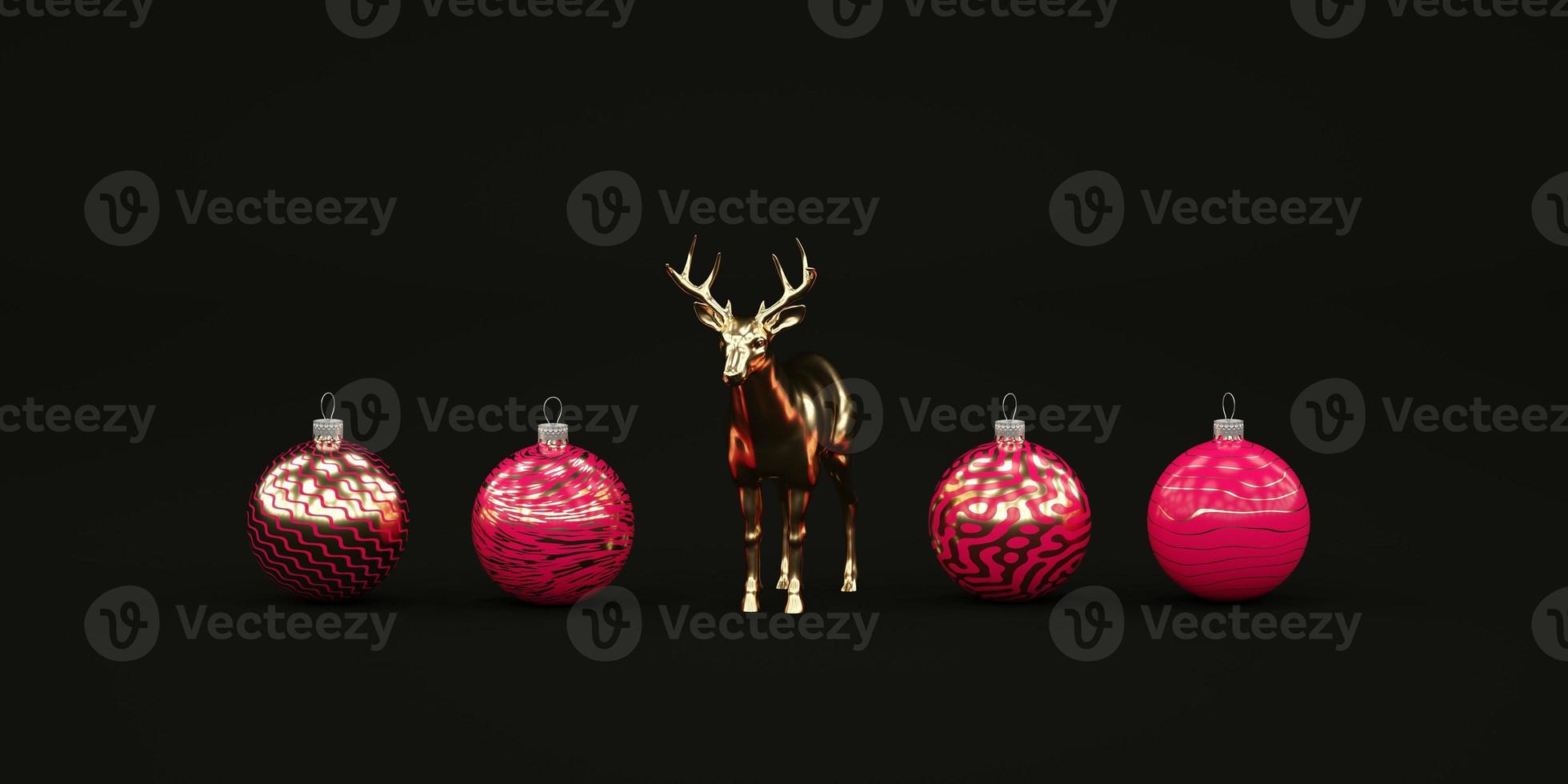Minimal dark Christmas composition with red Christmas toys and golden deer 3d render photo