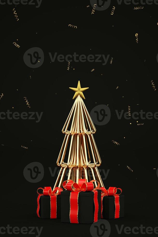 Dark minimal Christmas card illustration with golden Christmas tree and black gifts 3d render photo