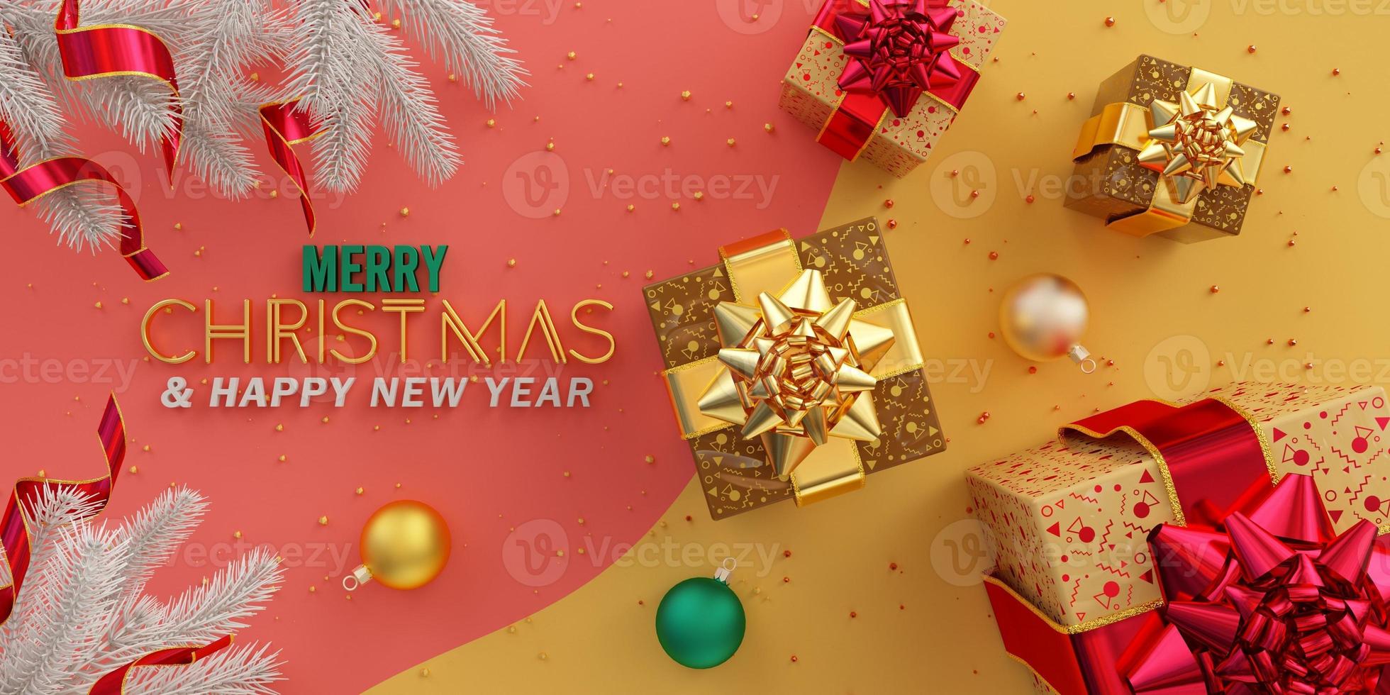 Merry Christmas composition flat lay with golden gifts and multicolored balls on pink and yellow background 3d render photo