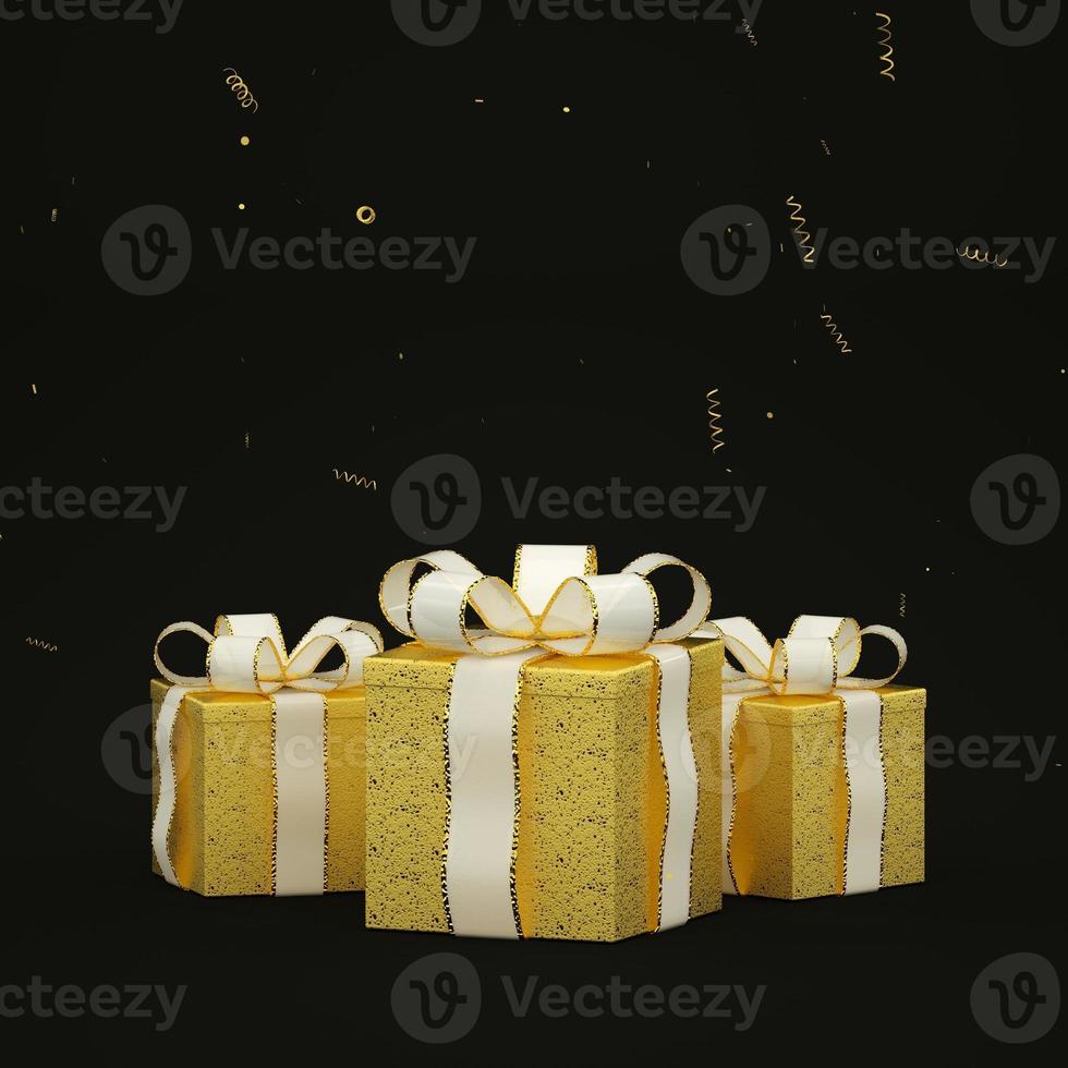 Christmas card with golden gifts on dark background 3d render photo