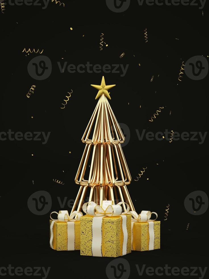 Dark minimal Christmas card illustration with golden Christmas tree and golden gifts 3d render photo