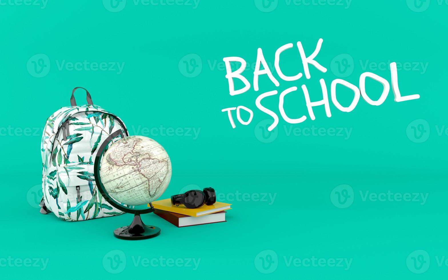 Regreso a la escuela con mochila wold globe libros y auriculares 3D Render foto