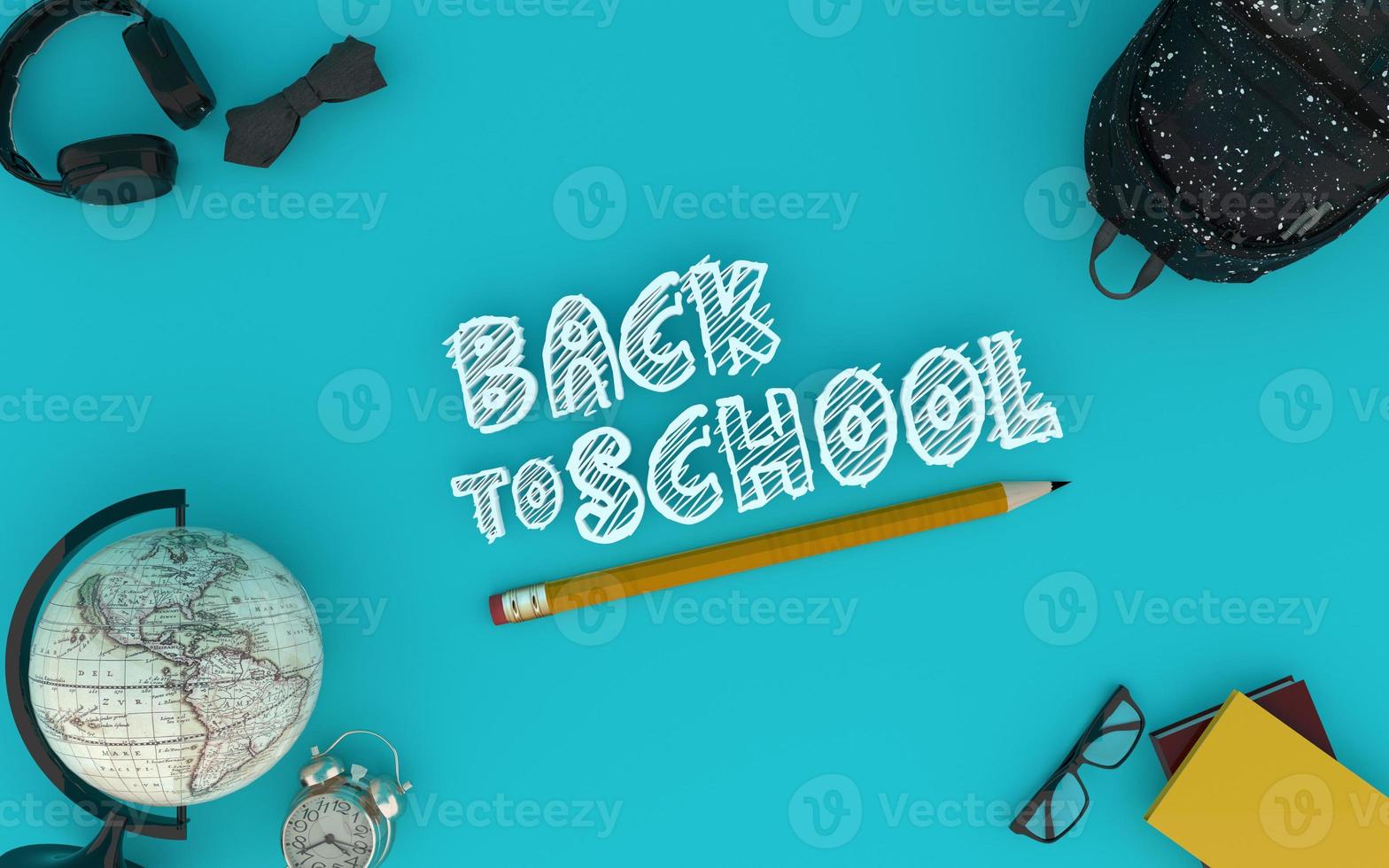 Back to school blue background with backpack and world globe 3d render photo