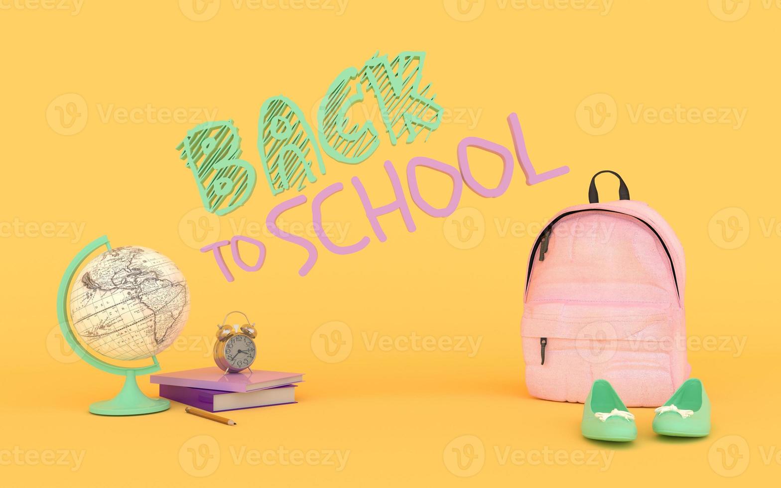 Girl Pink backpack in yellow background wiht books world globe and shoes 3d render photo