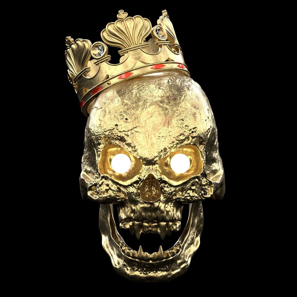 Golden skull whit corona isolated black 3d render photo