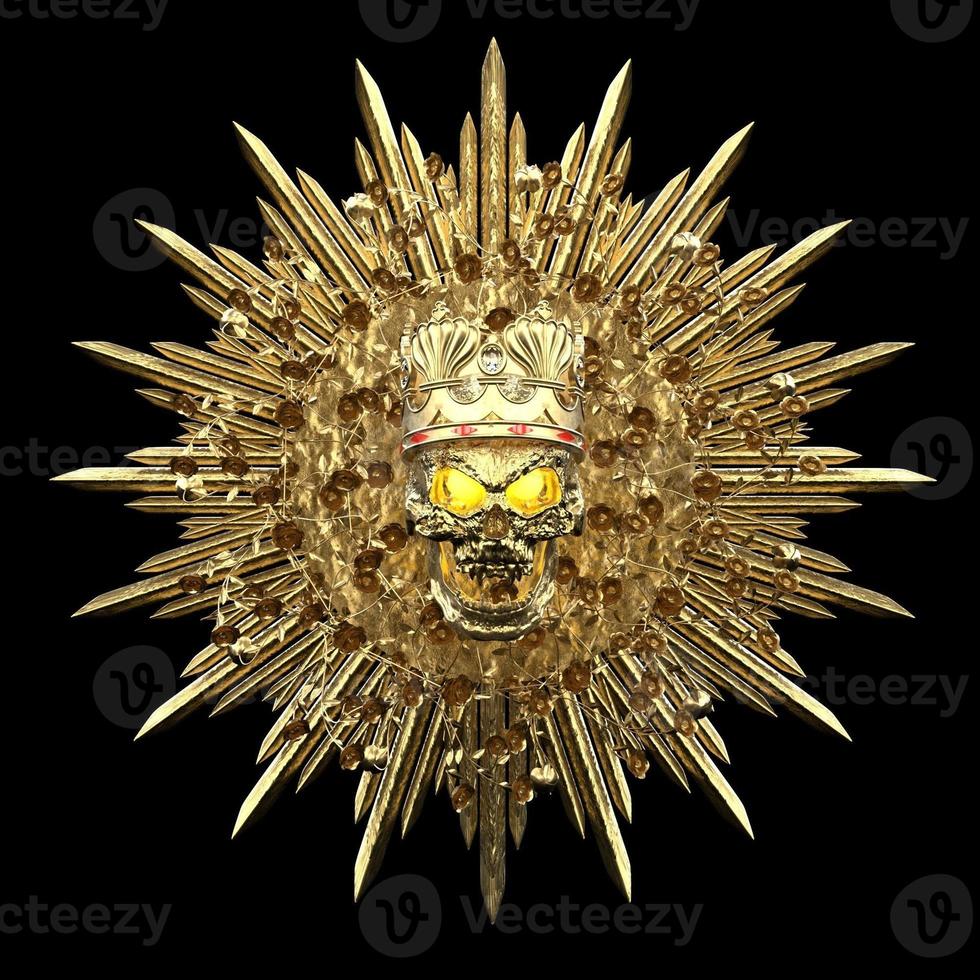 Medallón de calavera de metal dorado mandala aislado negro 3d render foto