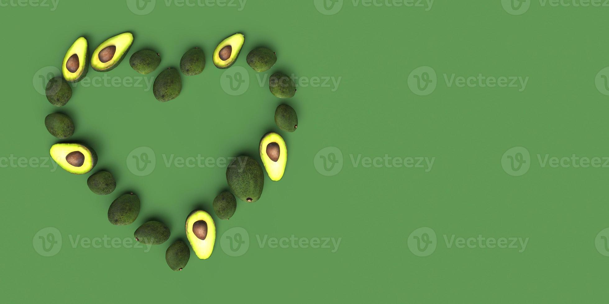 Corazón de aguacate en fondo verde 3D Render foto