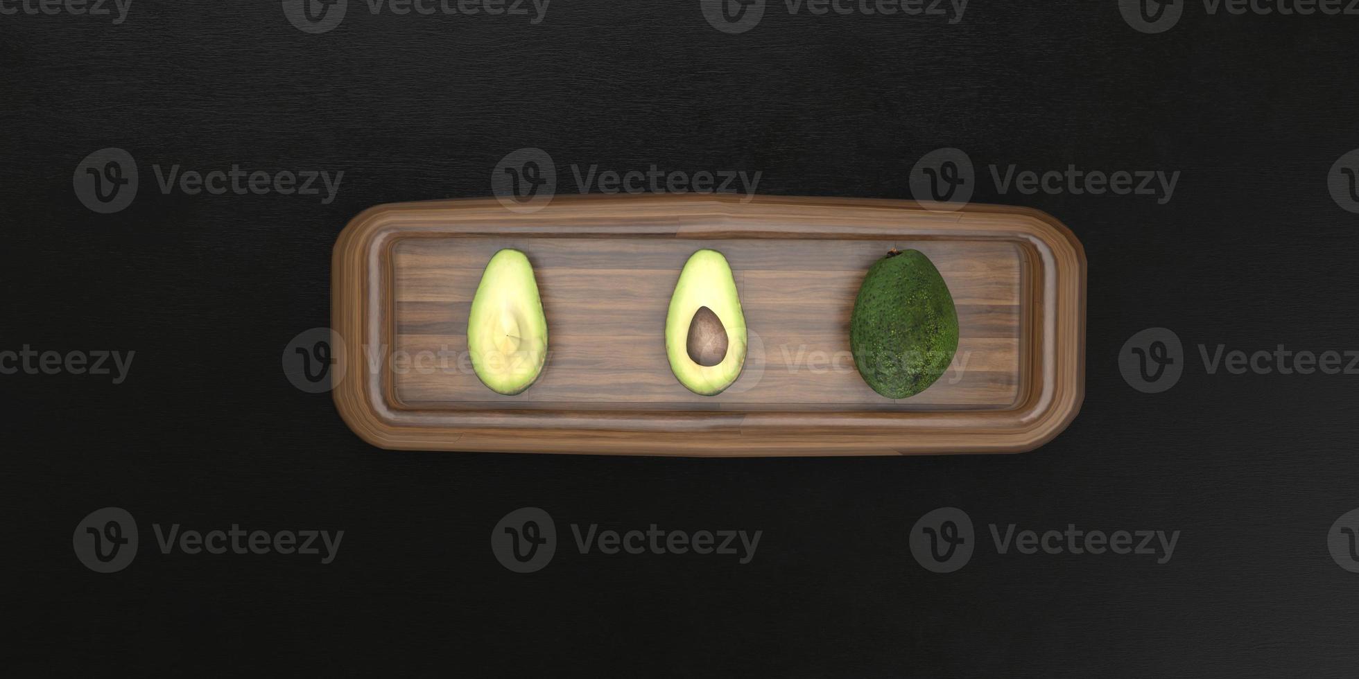 Aguacate en placa de madera sobre fondo negro 3D Render foto