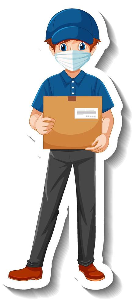 A sticker template with delivery man in uniform holding boxes vector