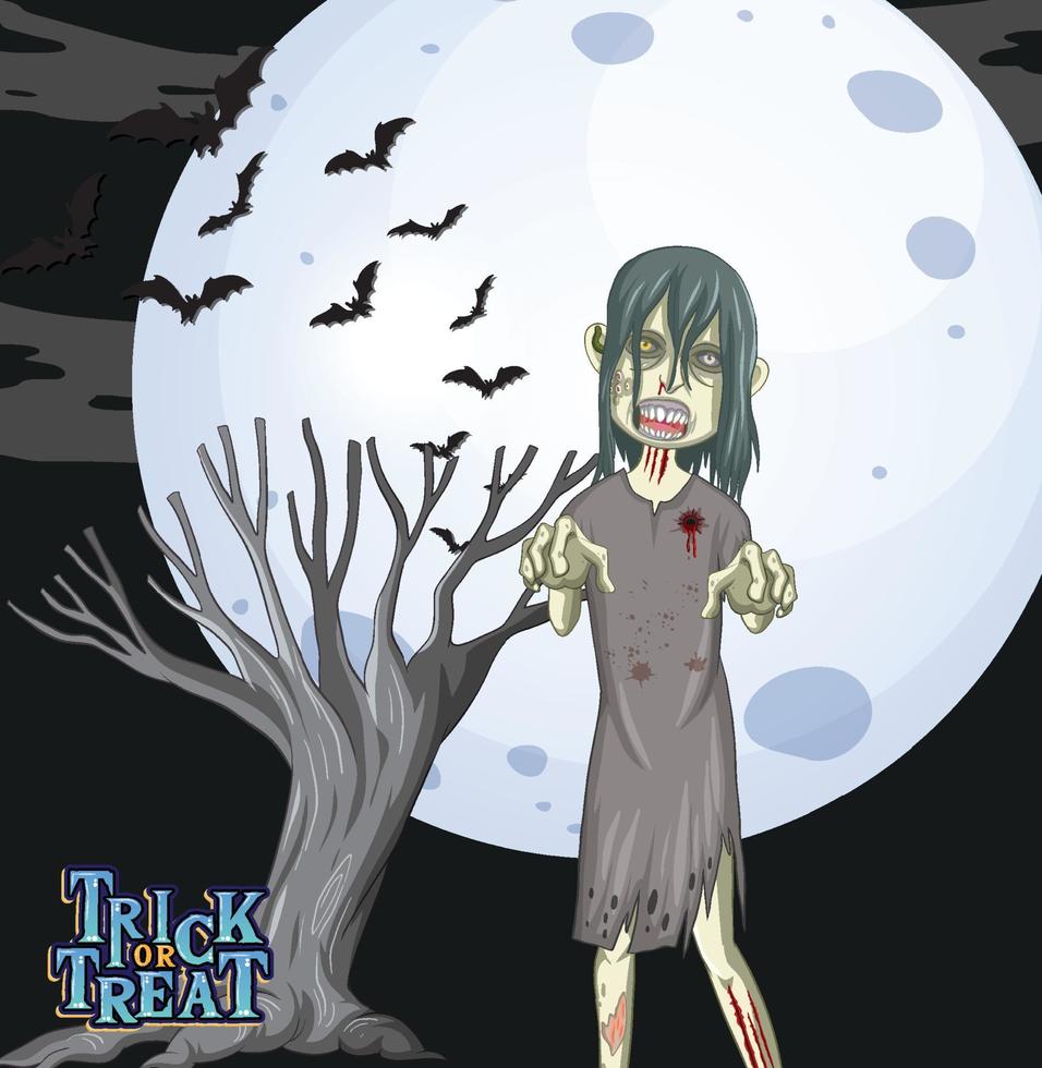 Creepy zombie on full moon background vector