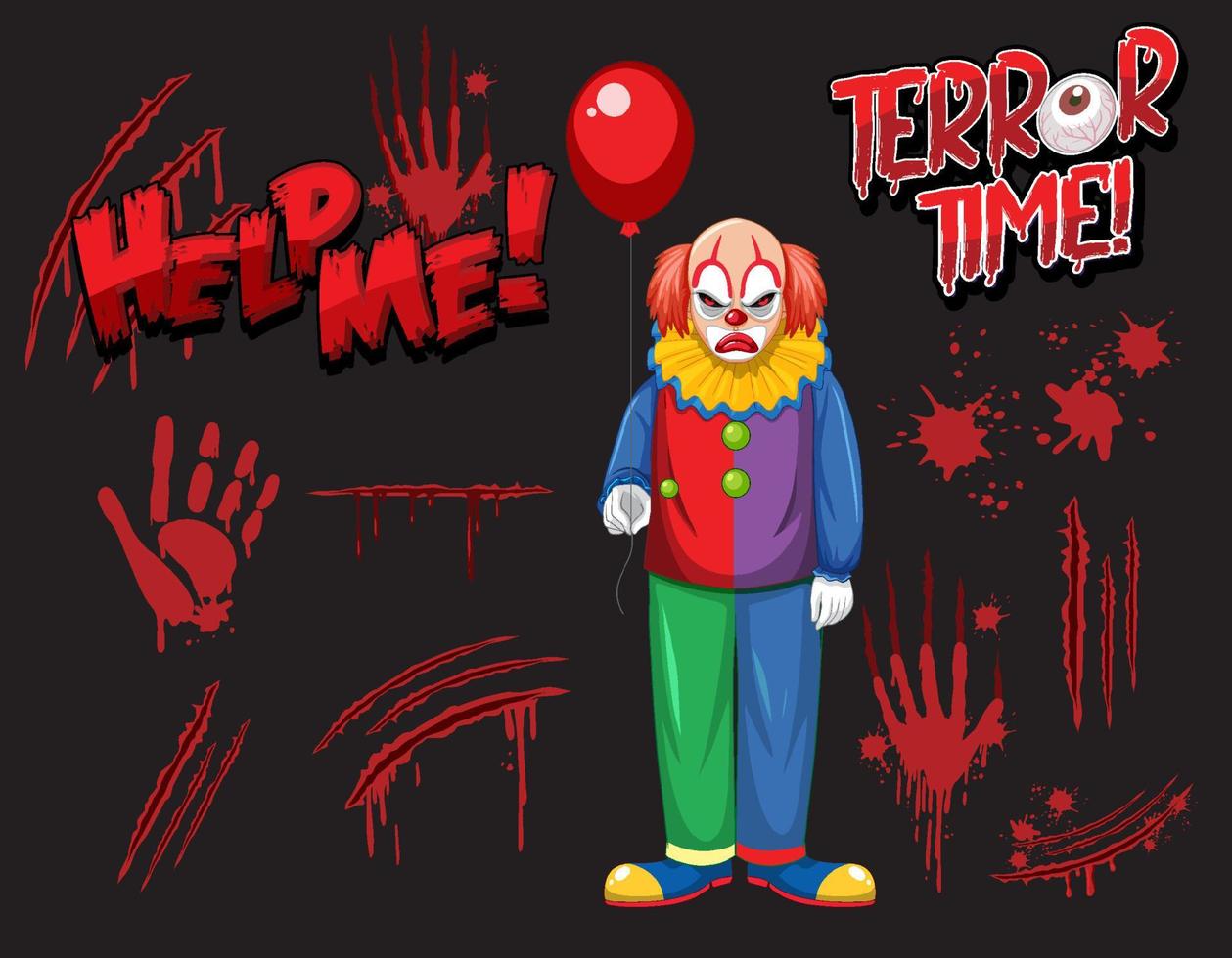 Creepy clown with set of blood spatter and blood hand print vector