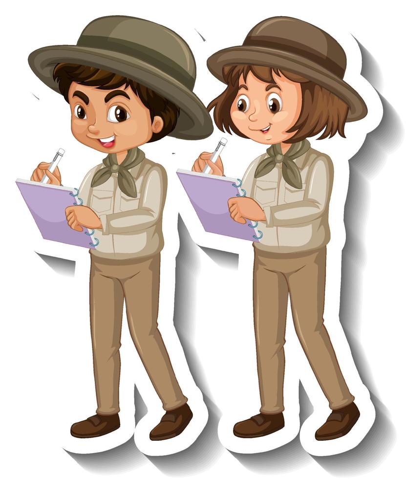 pareja de niños usan traje de safari pegatina de personaje de dibujos animados vector