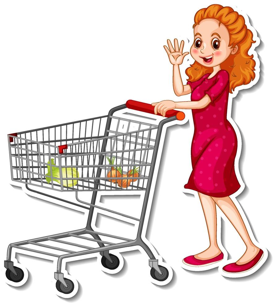 mujer, empujar, carrito de la compra, con, comestibles vector